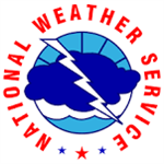 National Weather Service circular logo red lettering blue and white clouds with lighting image through center 